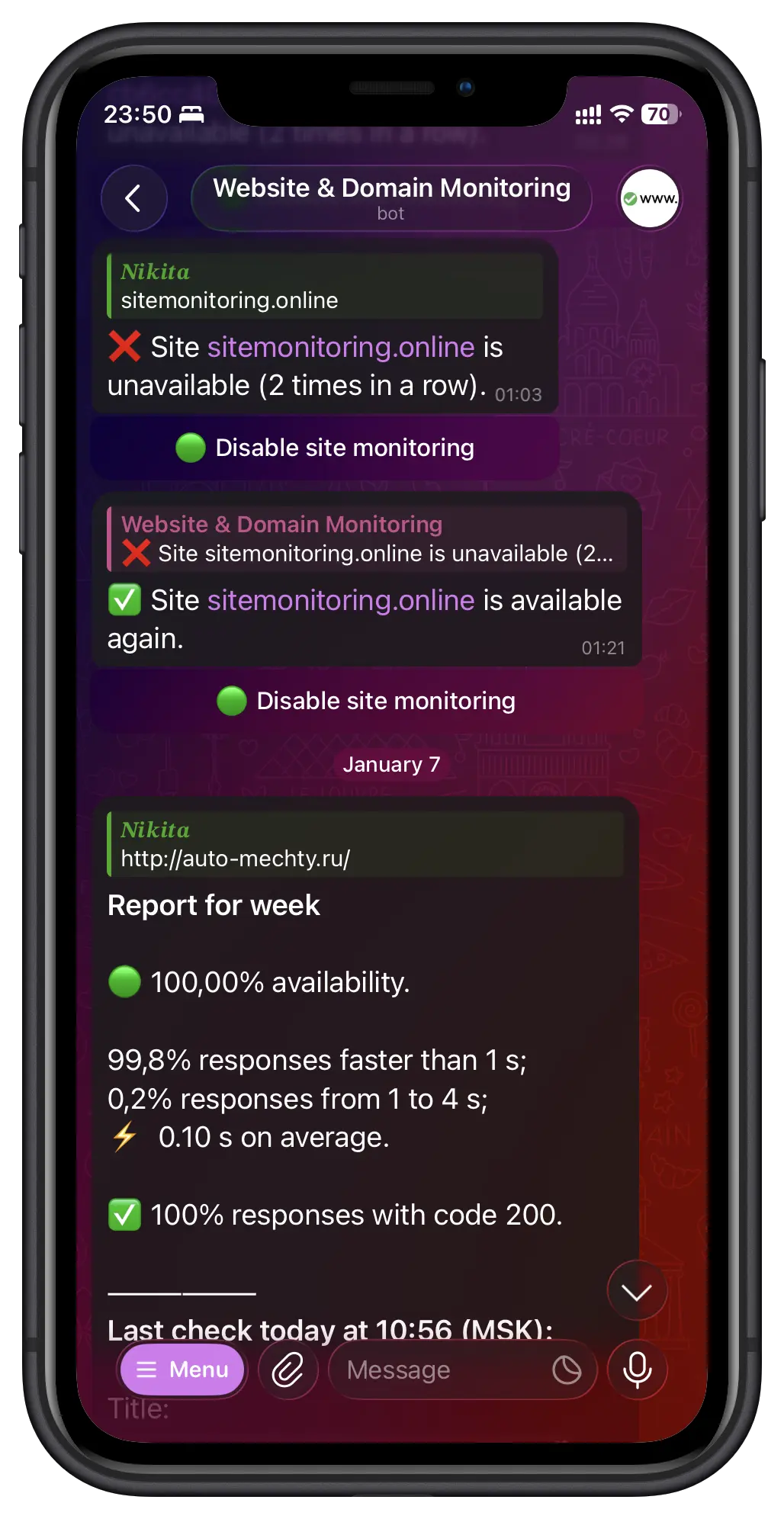 Screenshot 2 of Website & Domain Monitoring in Telegram