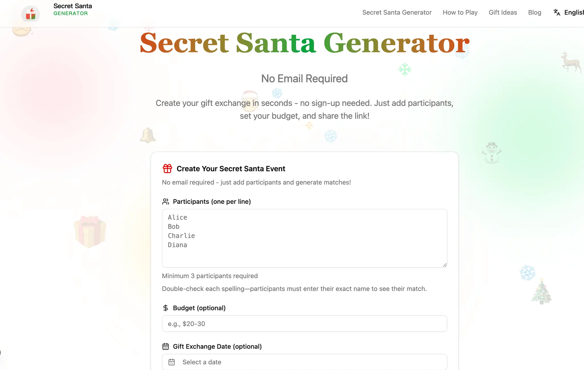 Screenshot 1 of Secret Santa generator noemail nosignup