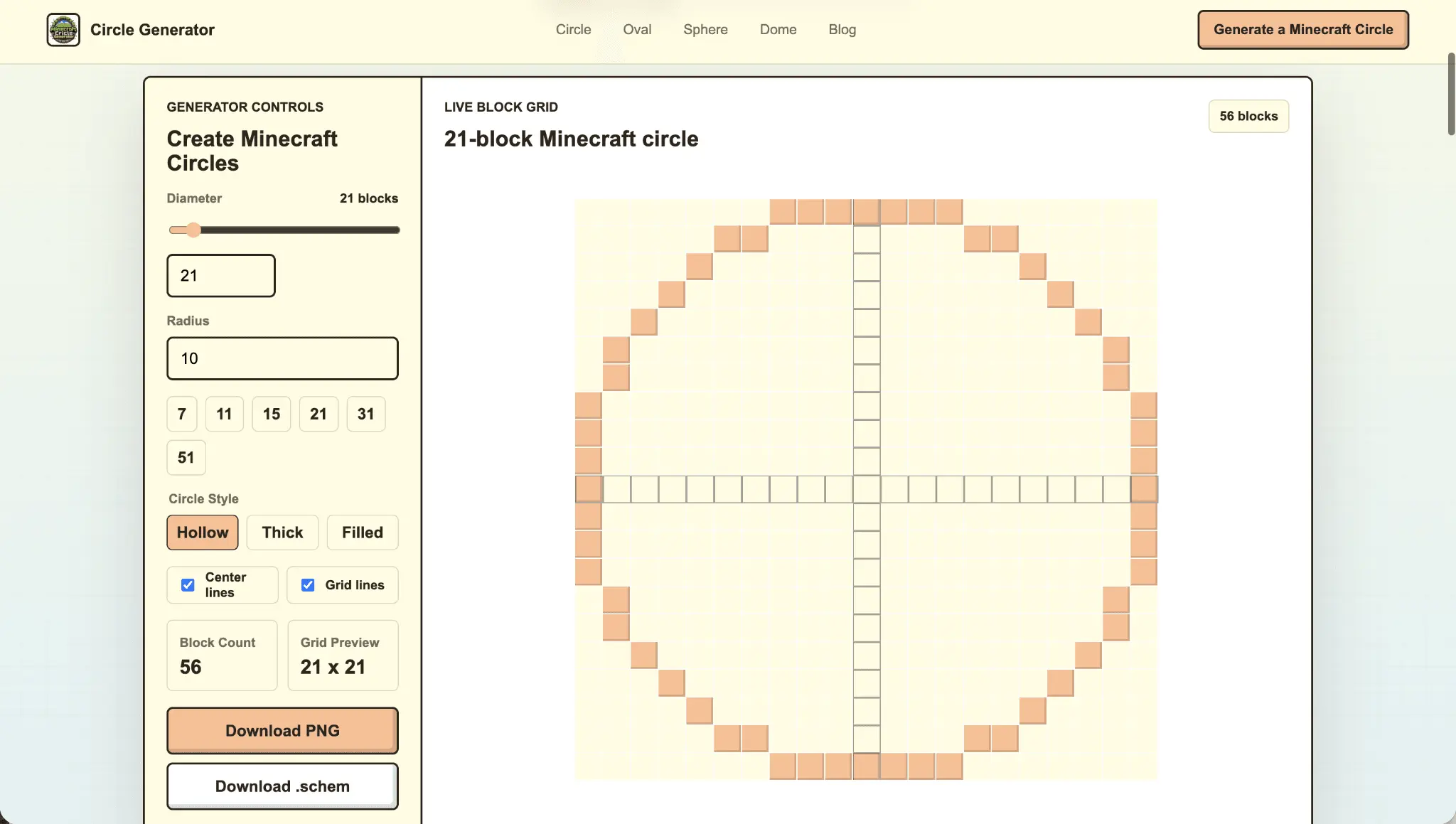 Screenshot 1 of Minecraft Circle Generator