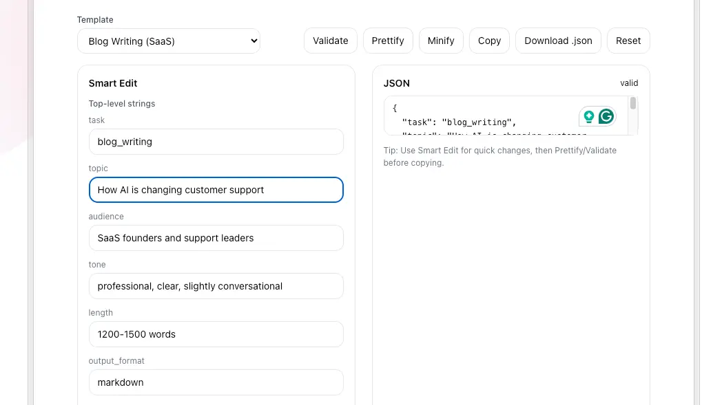 Screenshot 1 of Free Json AI Prompt Generator