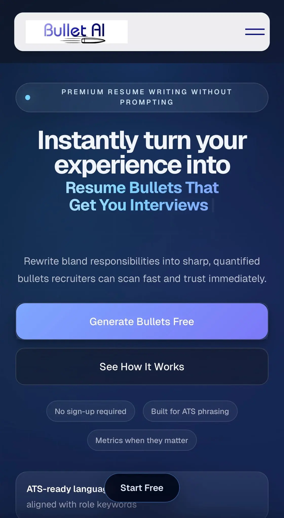 Screenshot 1 of AI Resume Bullet Generator