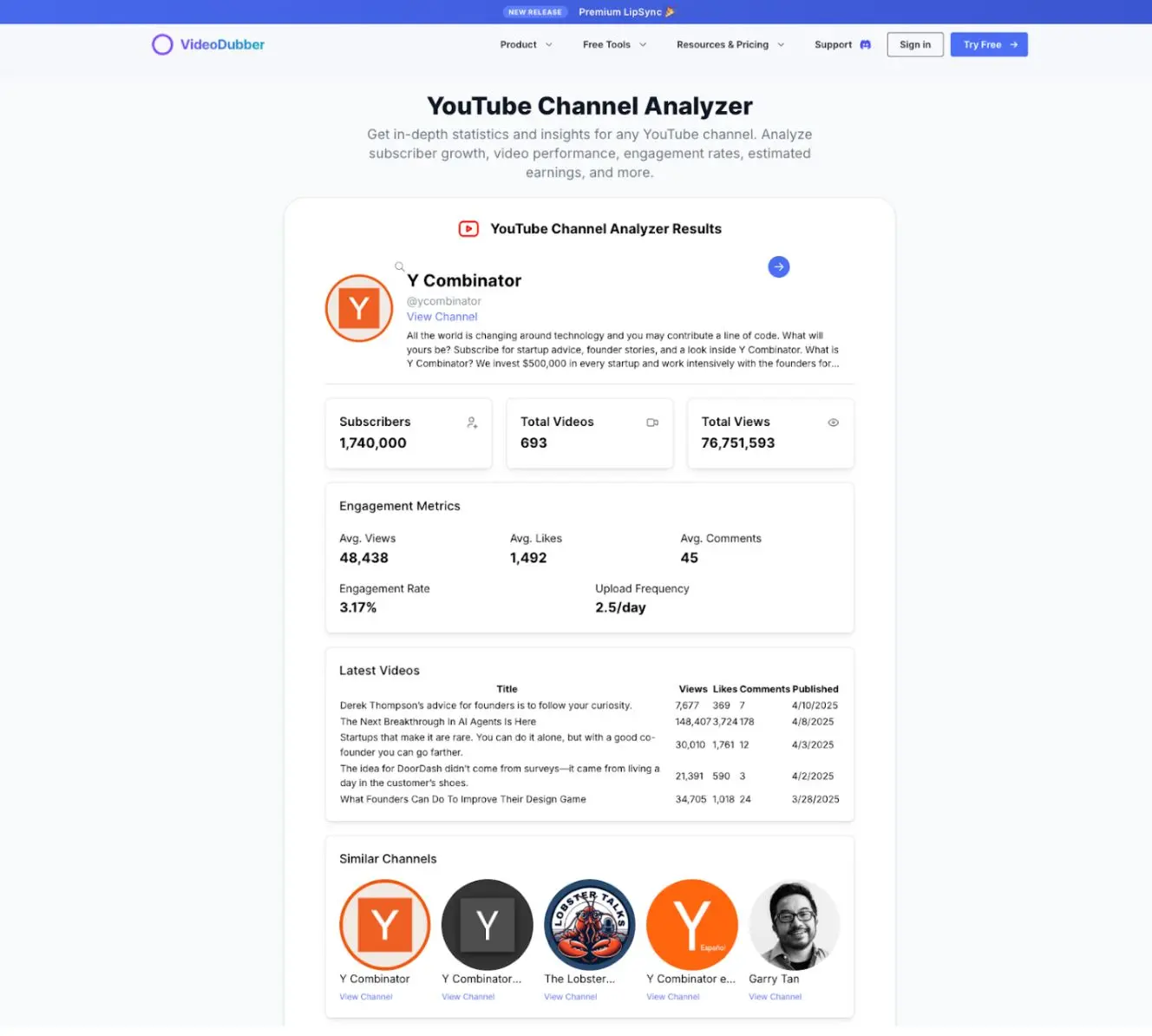 Screenshot 1 of  VideoDubber’s Youtube Channel Analyzer