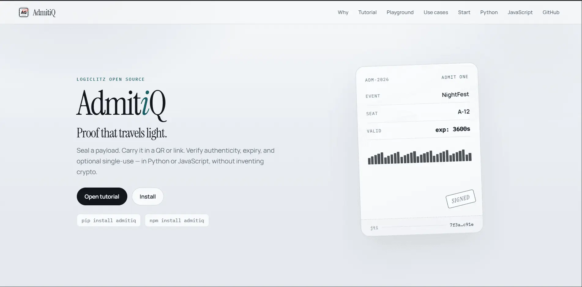 Screenshot 1 of AdmitiQ — signed, expiring QR & URL toke