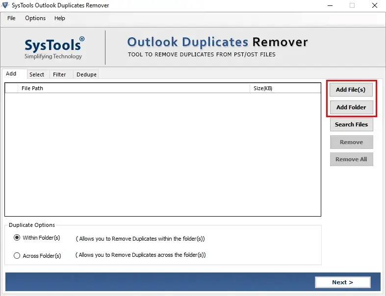 Screenshot 1 of SysTools Outlook Duplicate Remover Tool
