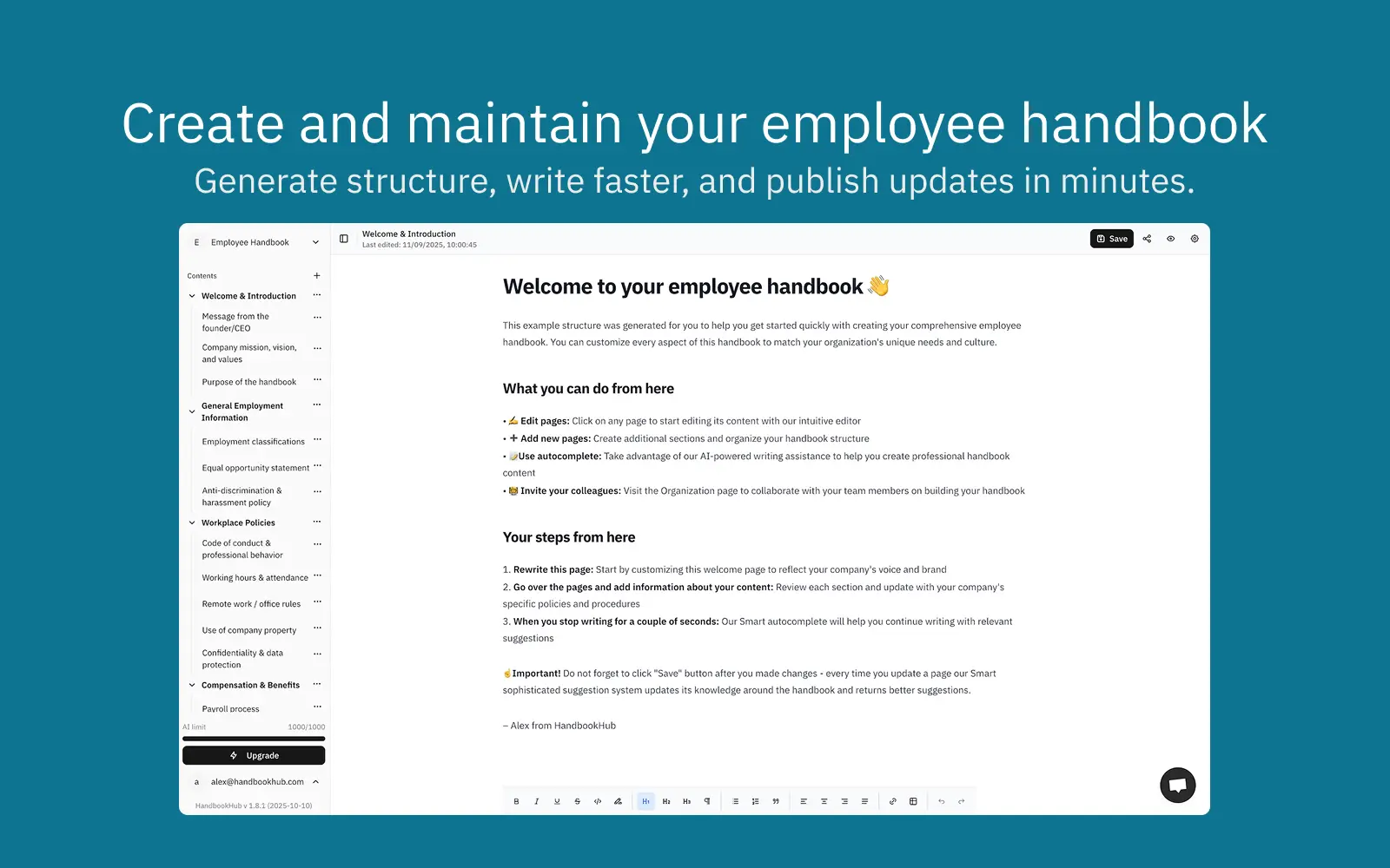 Screenshot 1 of HandbookHub - Employee Handbook Builder