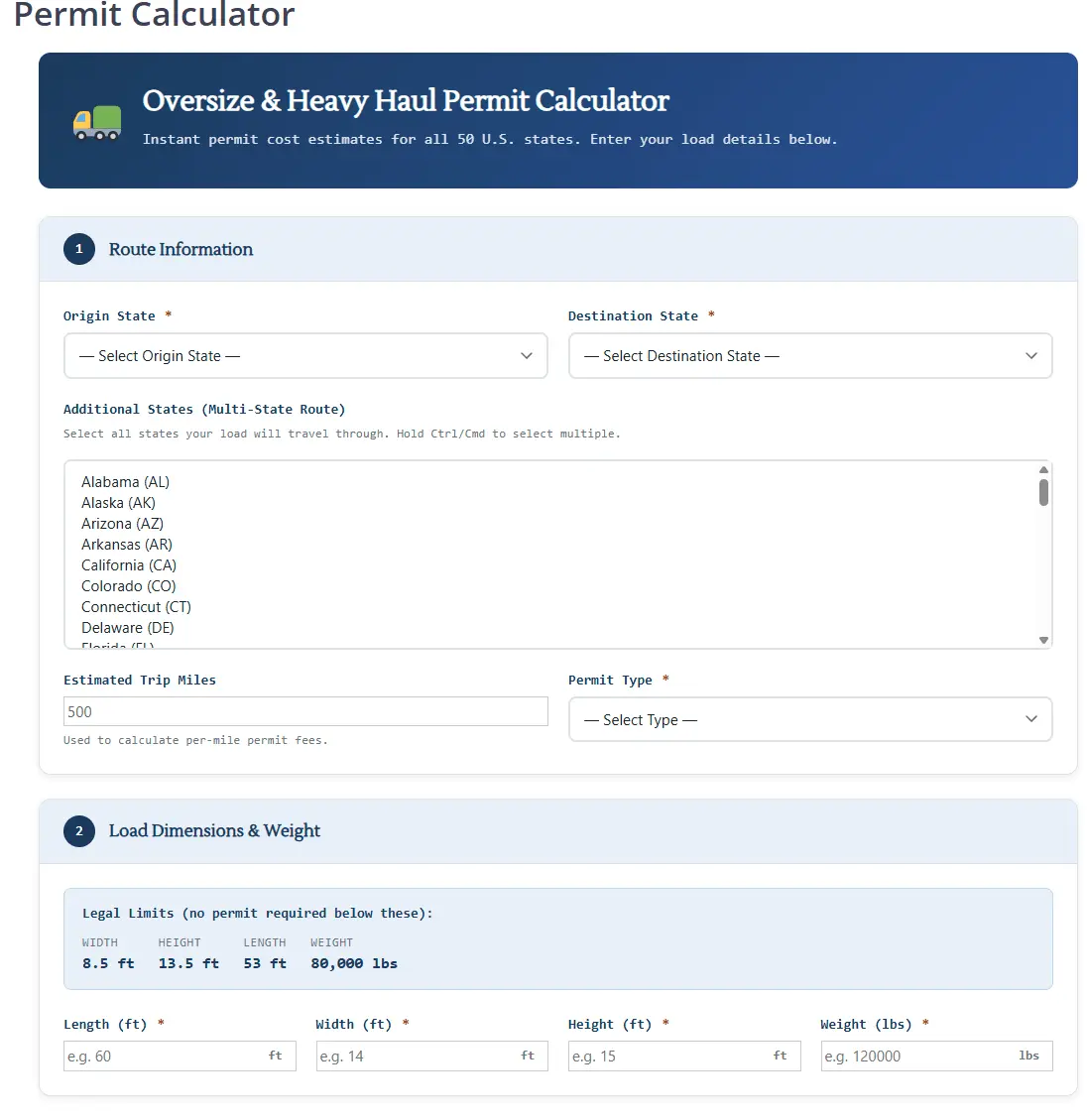 Screenshot 1 of Oversize Permit Cost Calculator