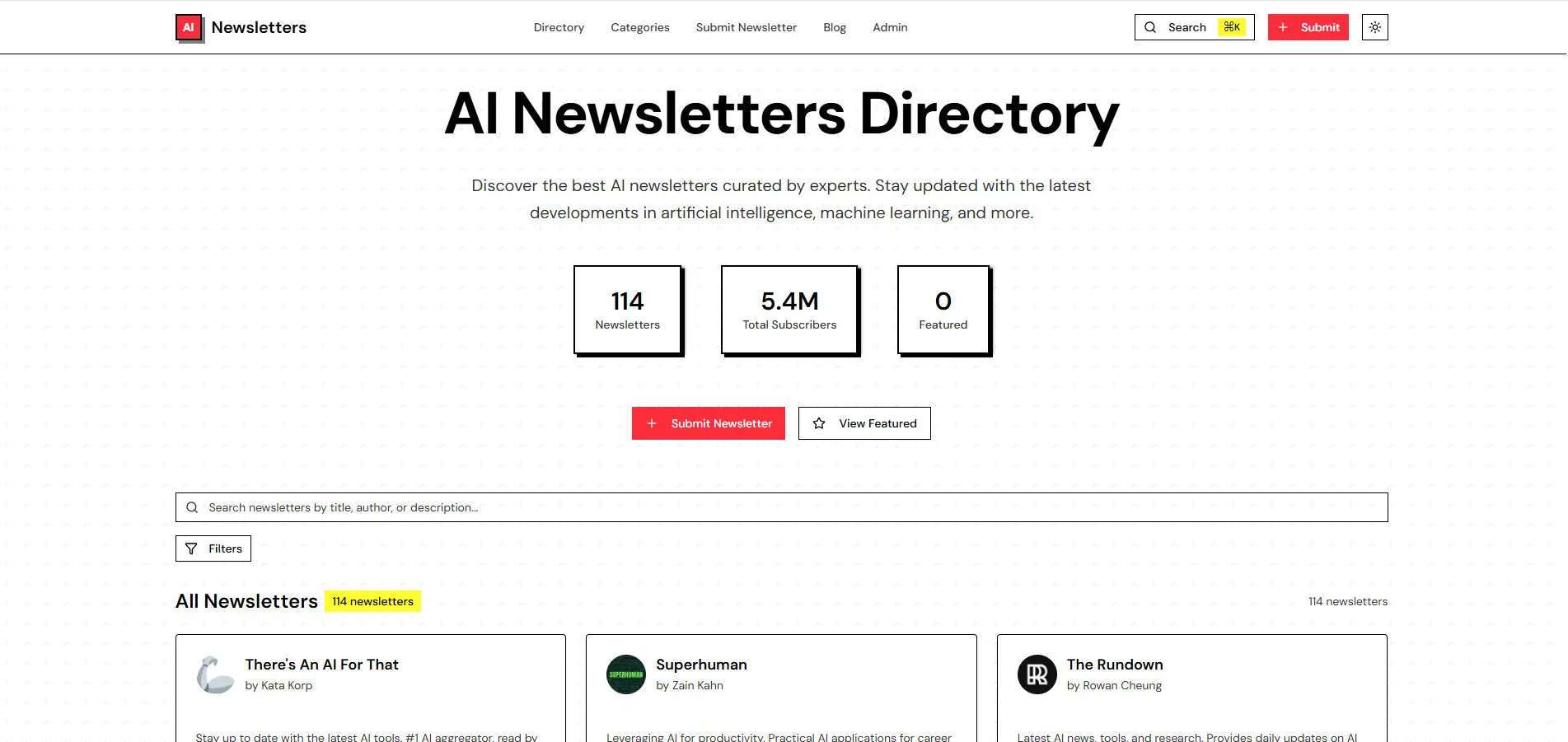 Screenshot 1 of AI Newsletters Directory