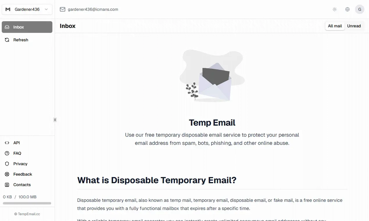 Screenshot 1 of TempEmail.cc