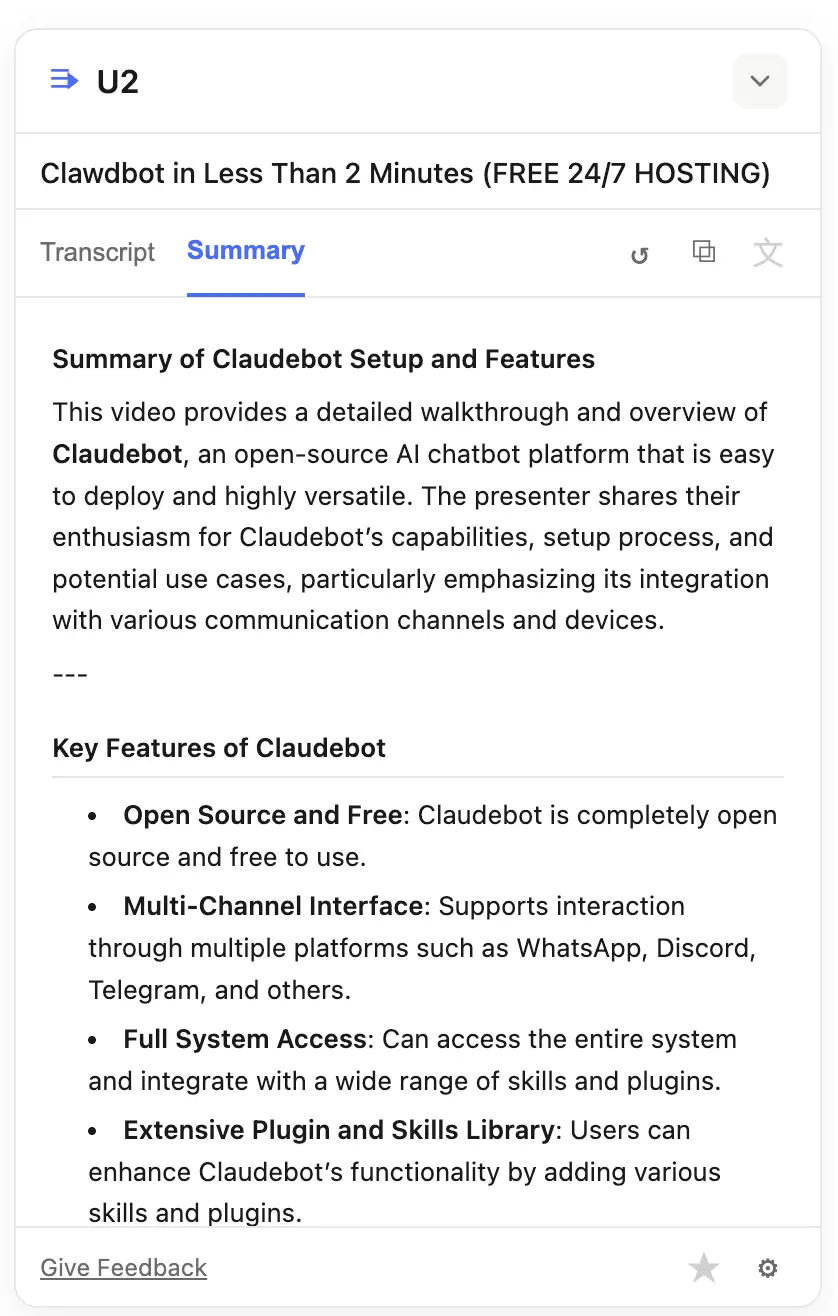 Screenshot 3 of U2 — YouTube Transcript & AI Summaries