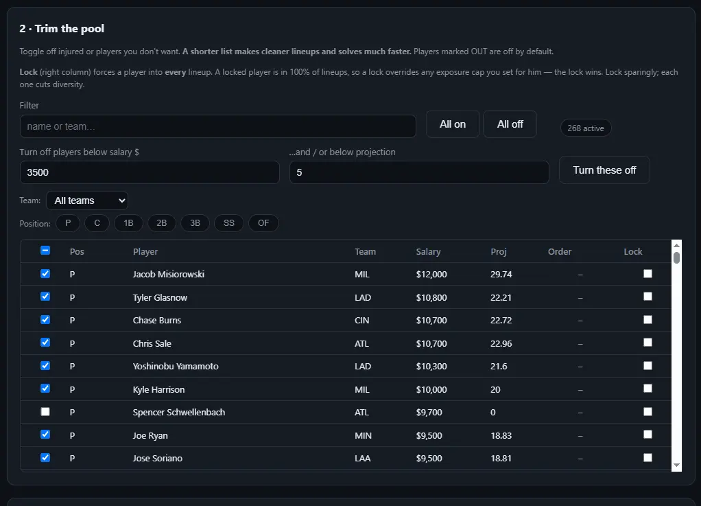 Screenshot 5 of MLB DFS lineup optimizer