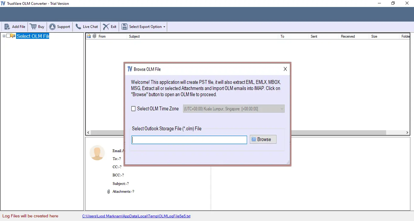 Screenshot 1 of TrustVare OLM to PST Converter