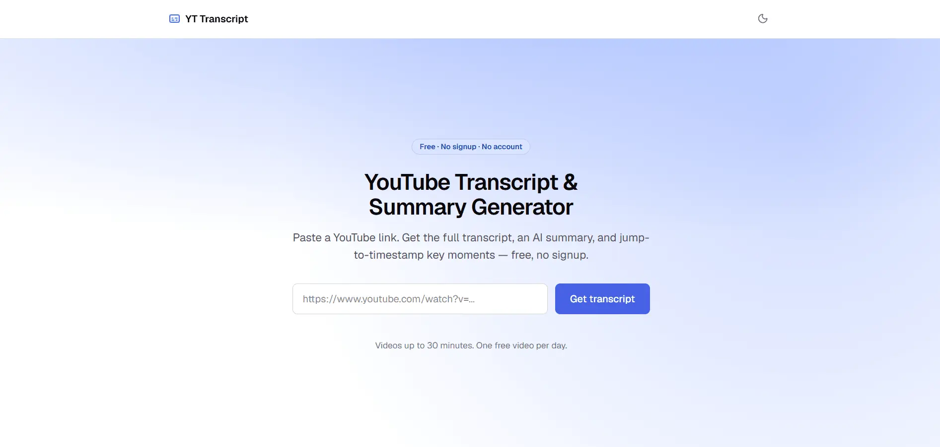Screenshot 1 of YouTube Transcript & Summary Generator