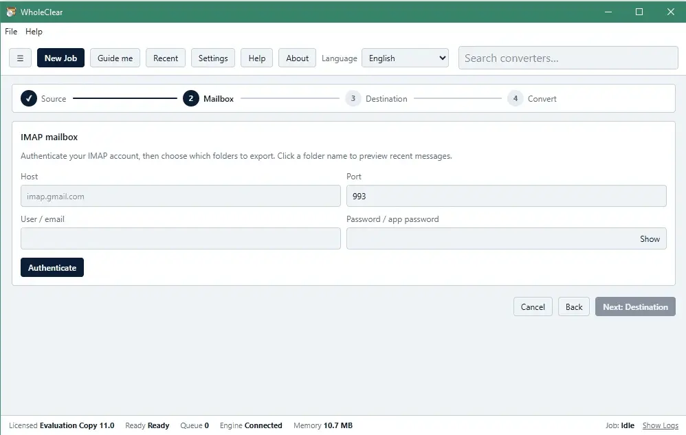 Screenshot 1 of WholeClear Webmail Backup Software