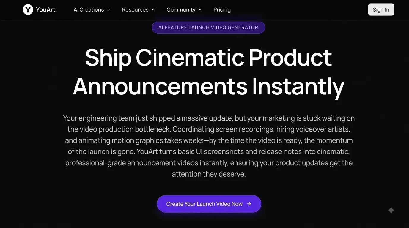 Screenshot 1 of YouArt AI Feature Launch Video Generator