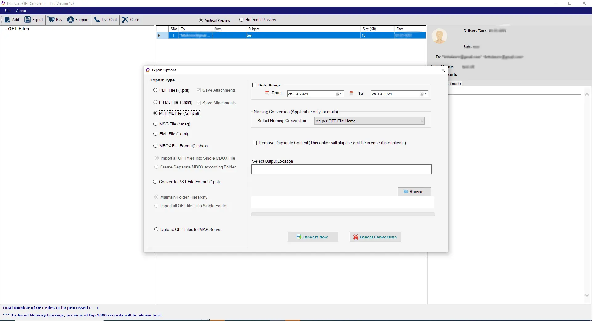 Screenshot 3 of DataVare OFT to MHTML Converter