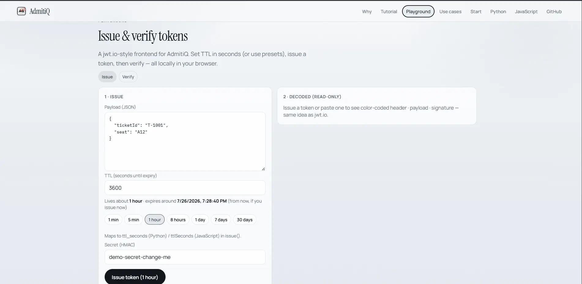 Screenshot 3 of AdmitiQ — signed, expiring QR & URL toke
