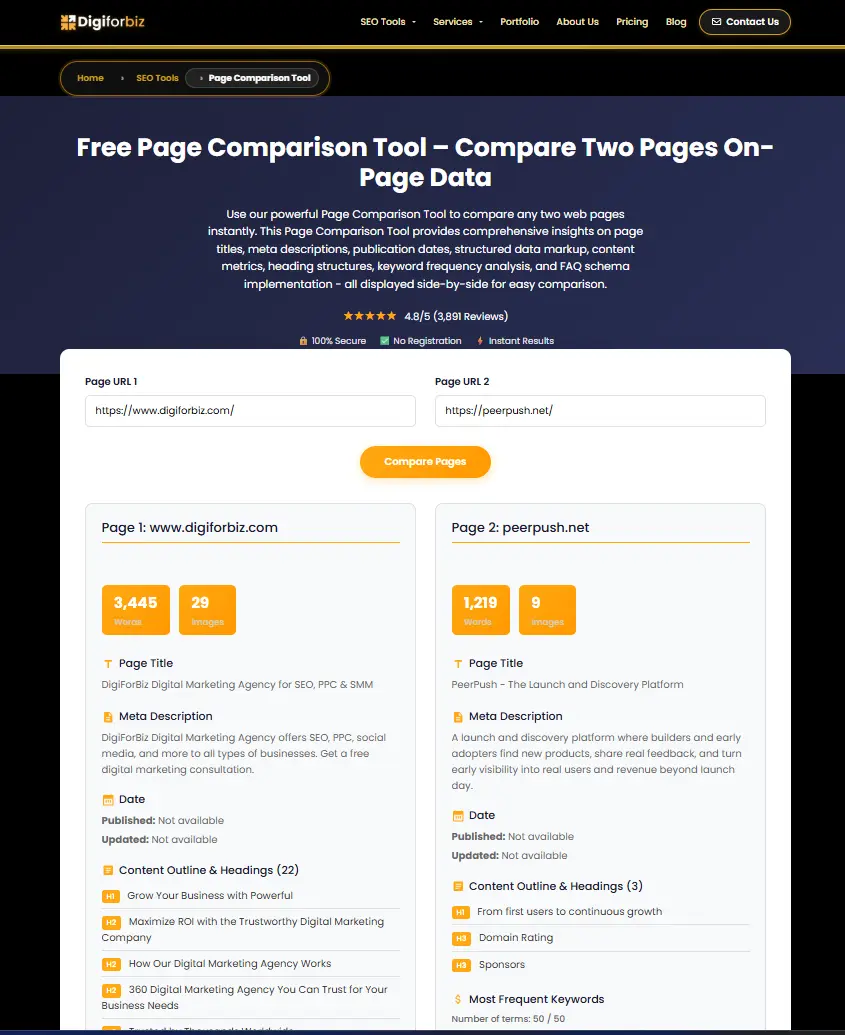 Screenshot 1 of Page Comparison Tool