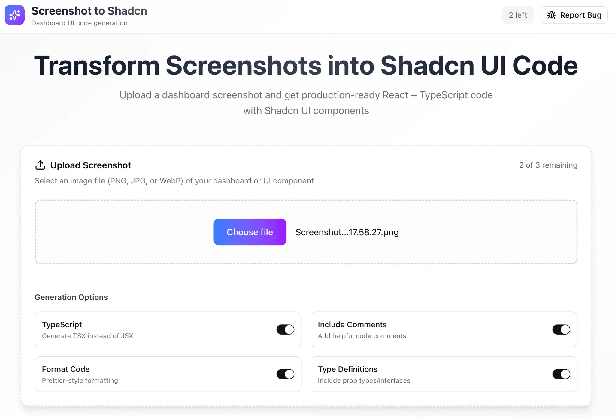 Screenshot 1 of Transform Screenshots into Shadcn UI Cod