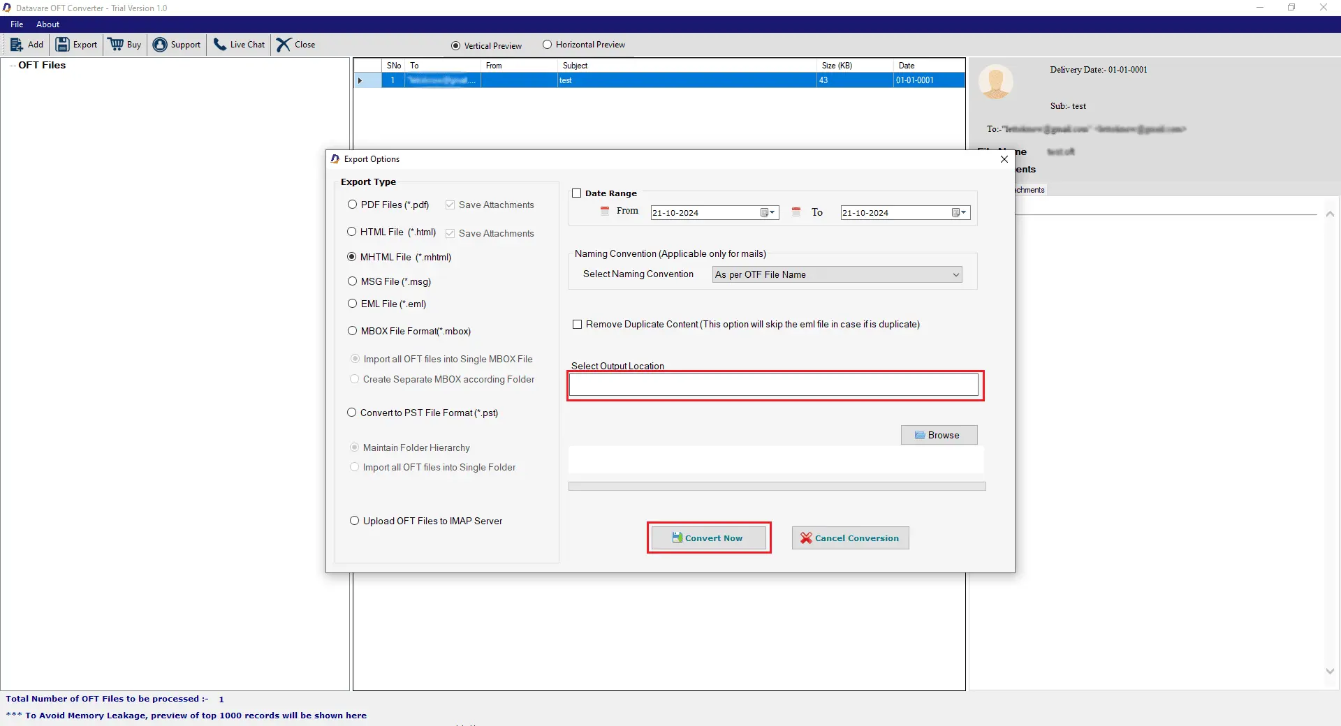 Screenshot 4 of DataVare OFT to MHTML Converter