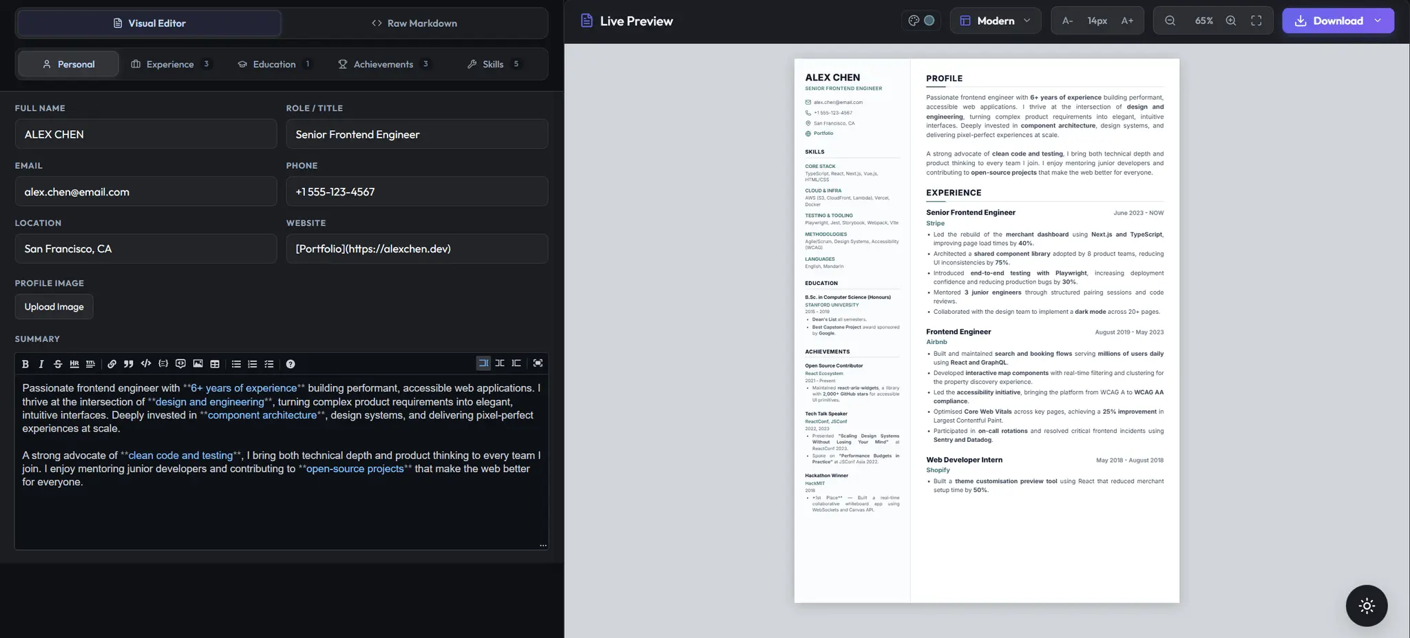 Screenshot 1 of Markdown Resume App