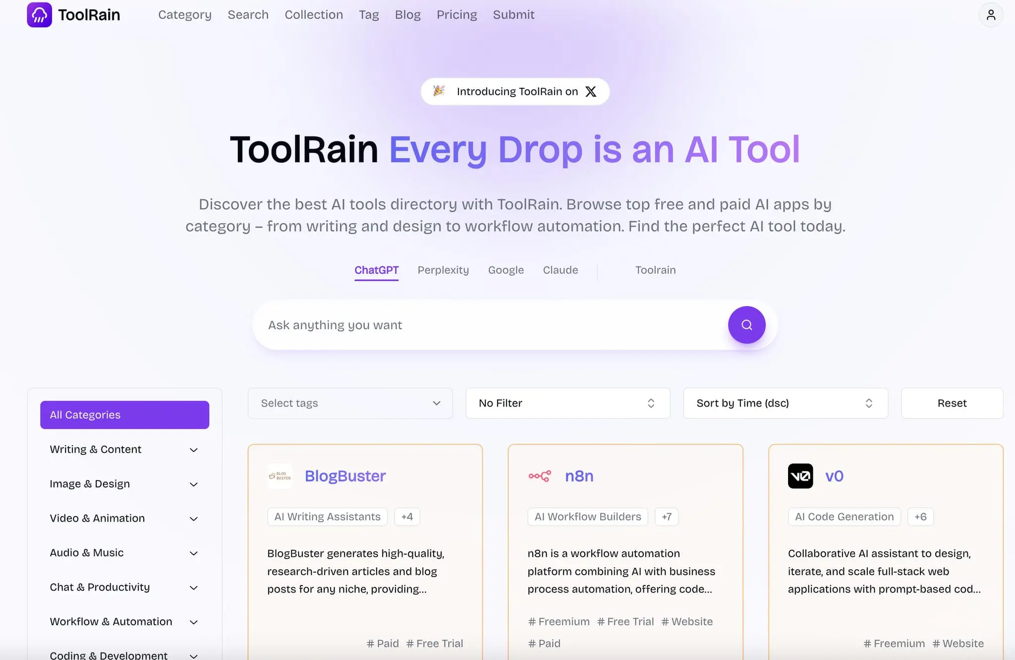 Screenshot 1 of ToolRain AI Tools Directory