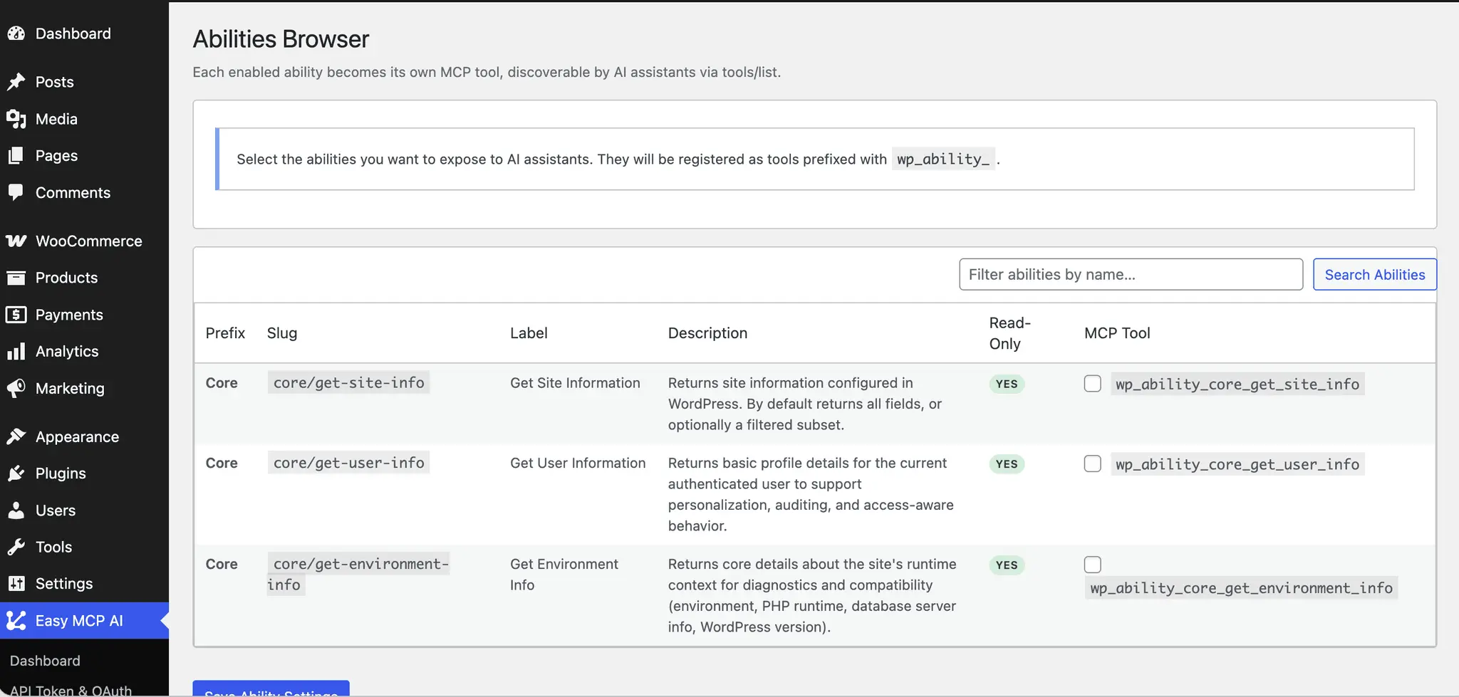 Screenshot 3 of Easy MCP AI - WordPress MCP Plugin