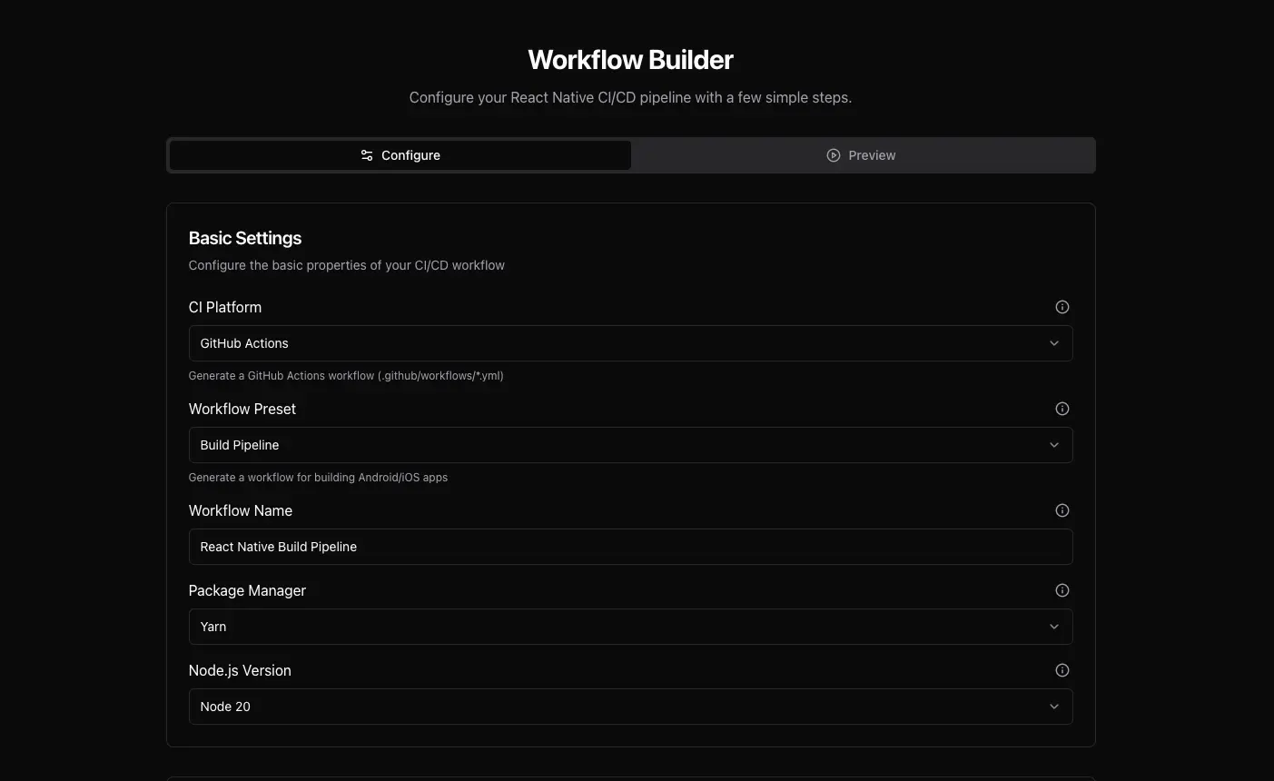 Screenshot 1 of React Native CI/CD workflow builder
