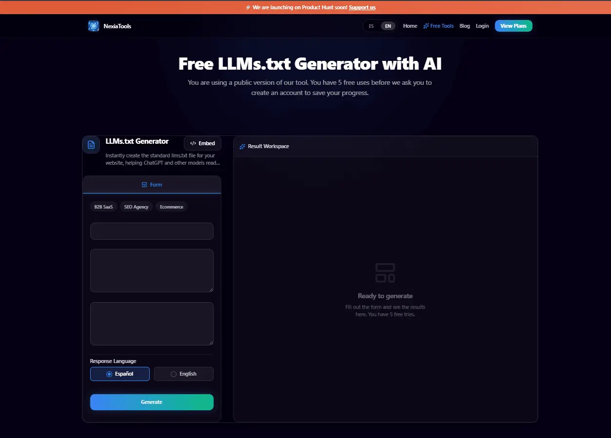 Screenshot 1 of NexiaTools llms.txt Generator