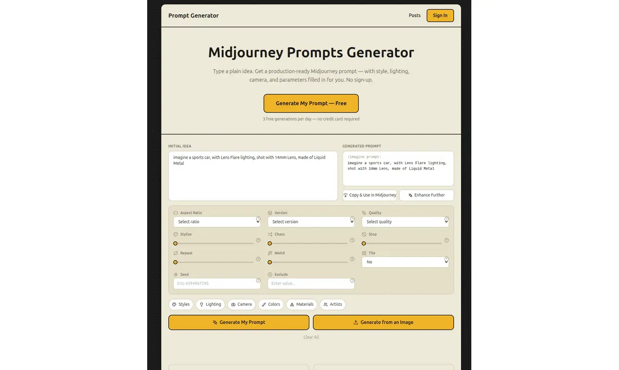 Screenshot 1 of Midjourney Prompts Generator