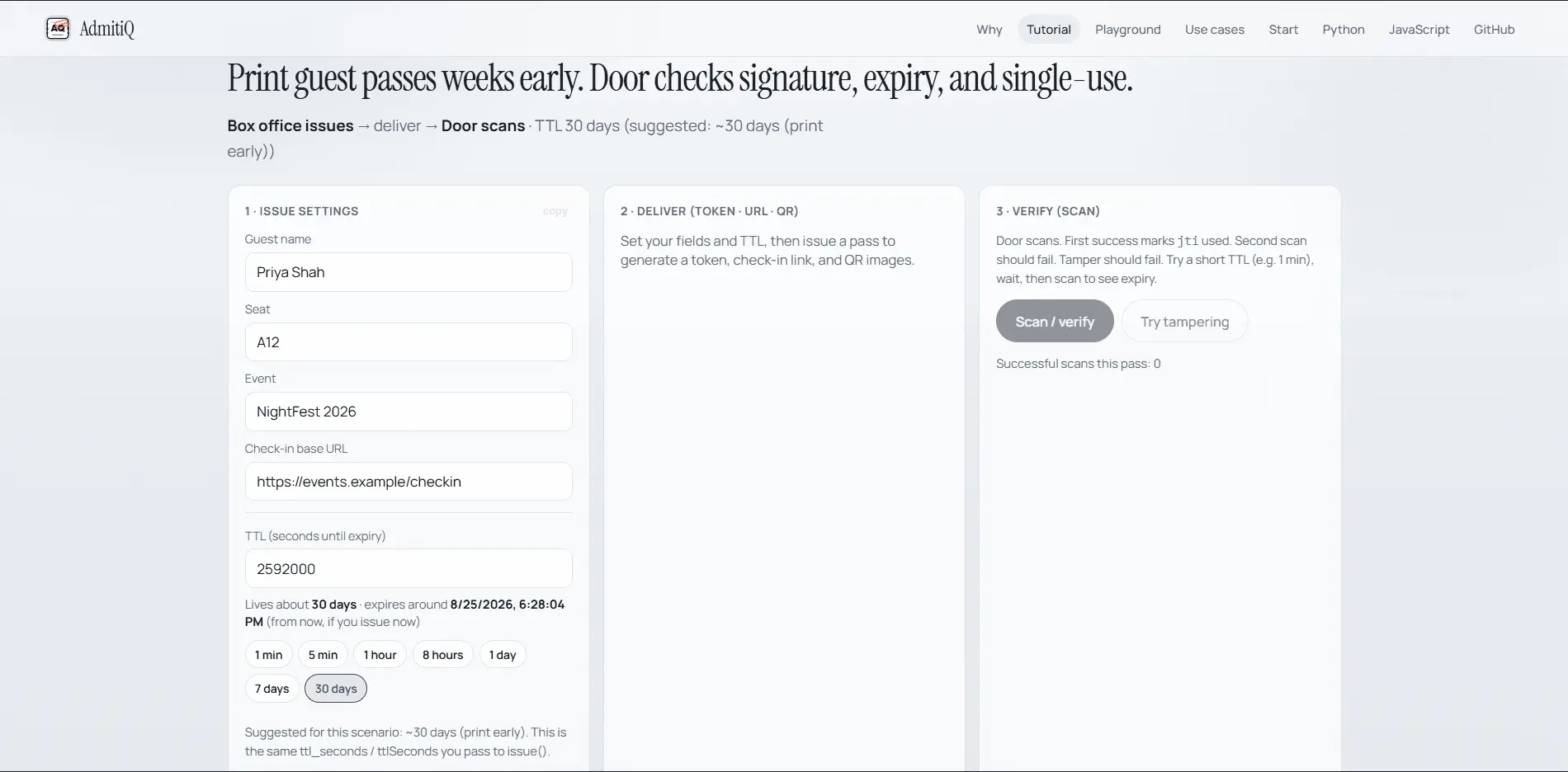 Screenshot 4 of AdmitiQ — signed, expiring QR & URL toke