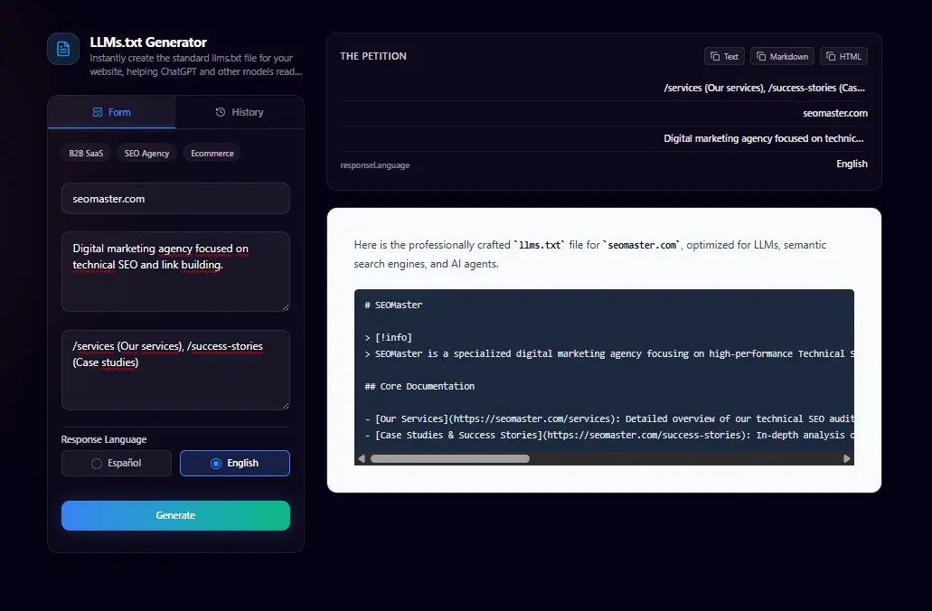 Screenshot 3 of NexiaTools llms.txt Generator
