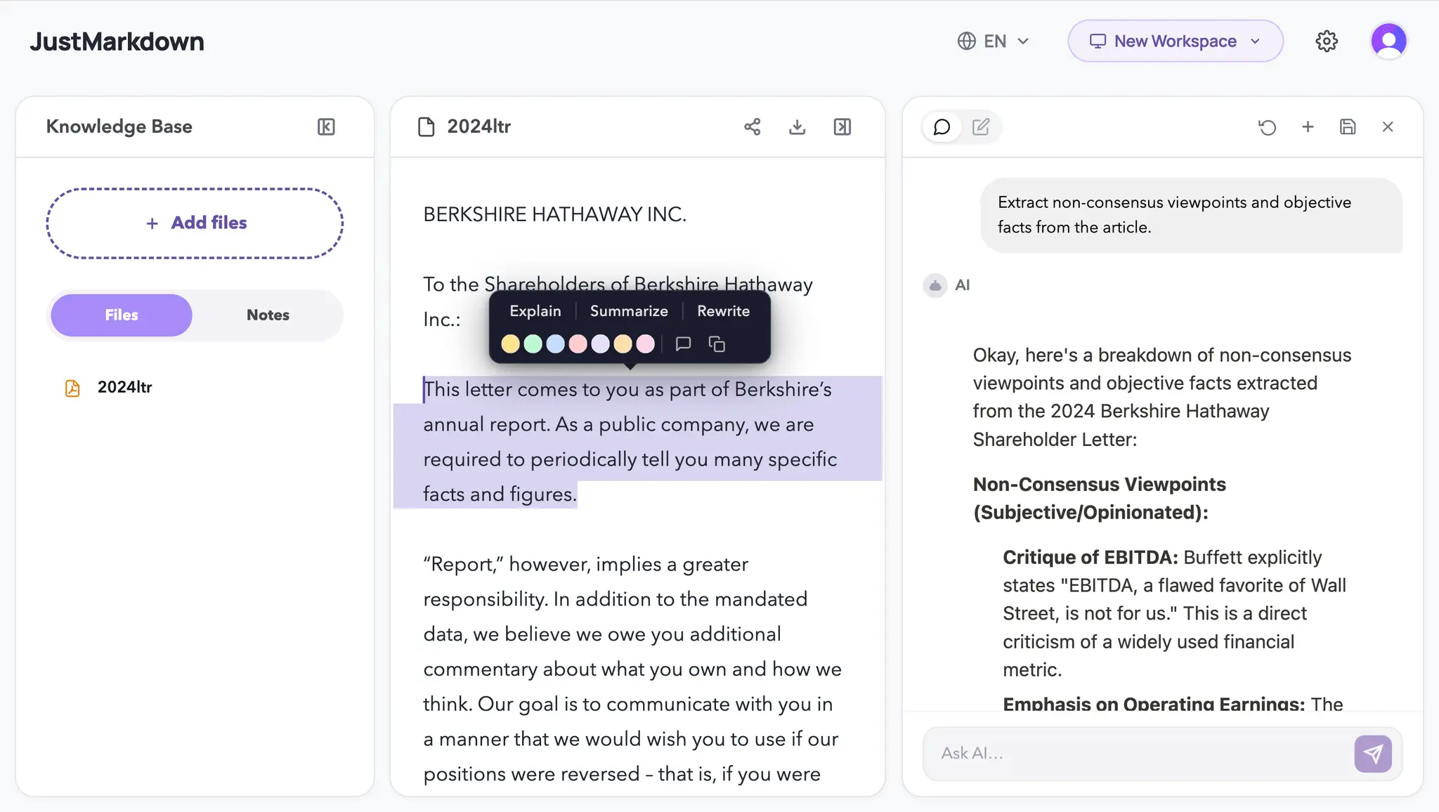 Screenshot 1 of Markdown AI Workspace