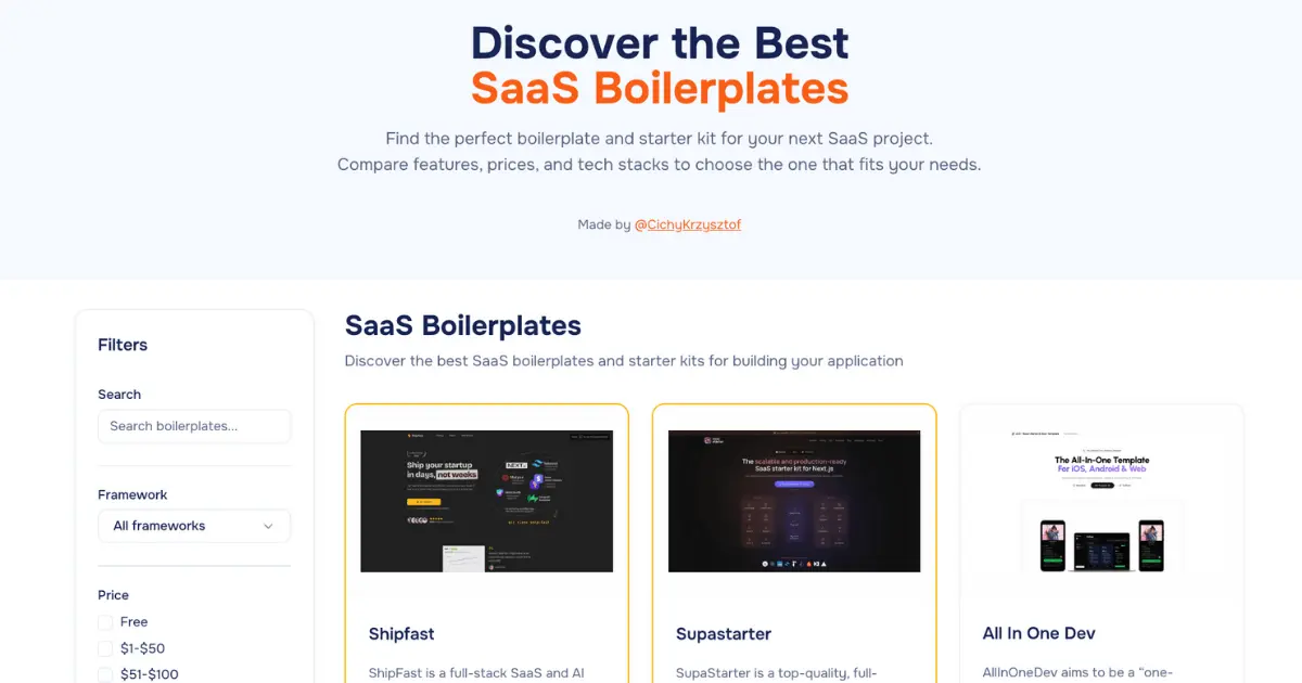 Screenshot 1 of Best SaaS Boilerplates & Starter Kits
