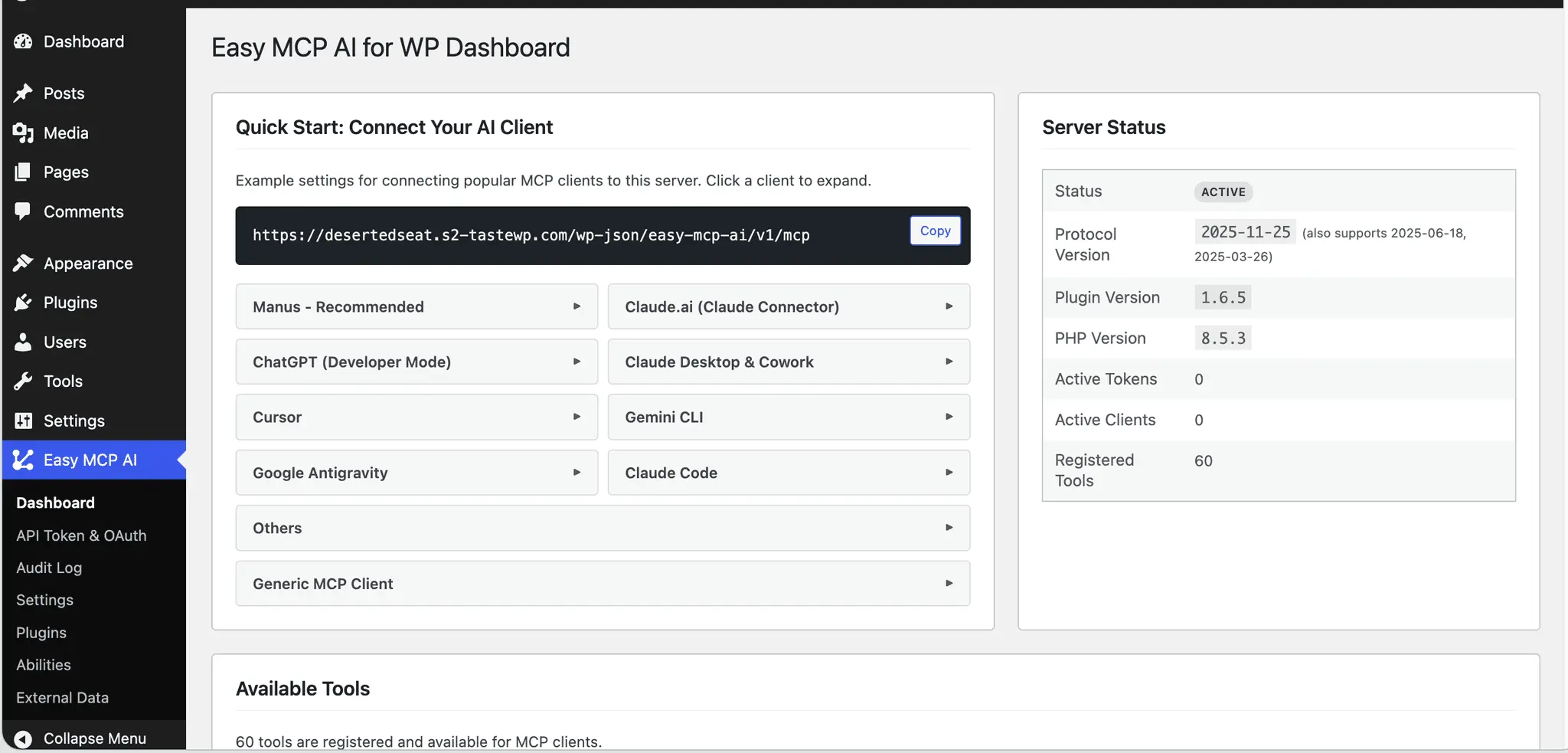 Screenshot 1 of Easy MCP AI - WordPress MCP Plugin
