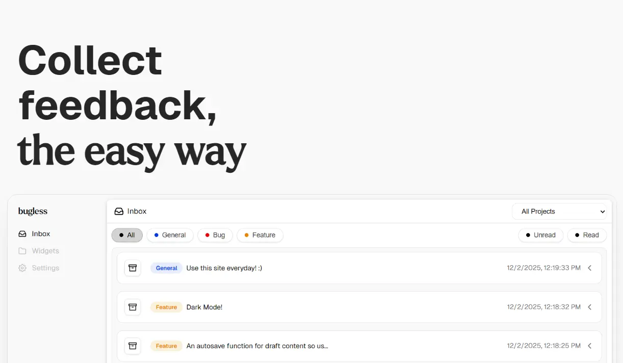 Screenshot 1 of Bugless - Collect feedback, the easy way