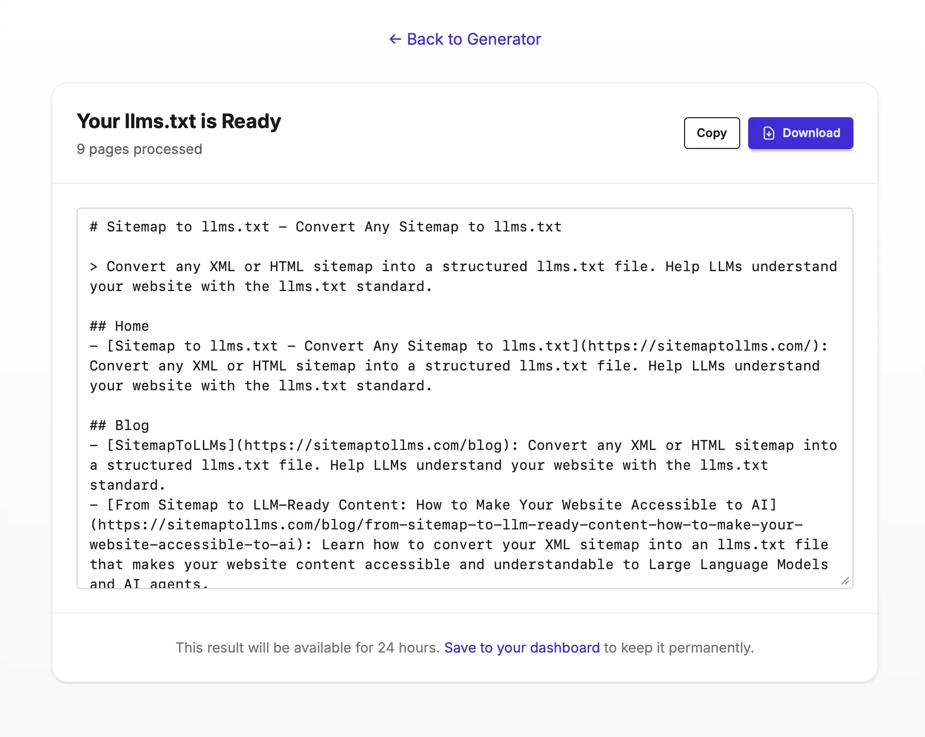 Screenshot 3 of SitemapToLLMs