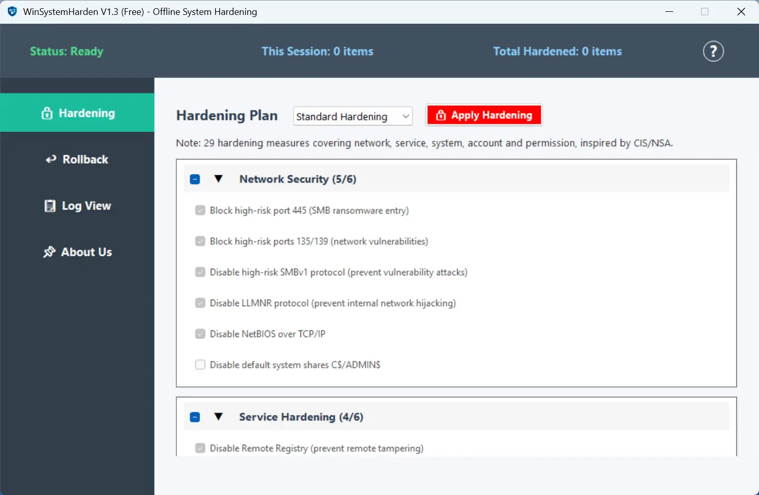 Screenshot 1 of WinSystemHarden