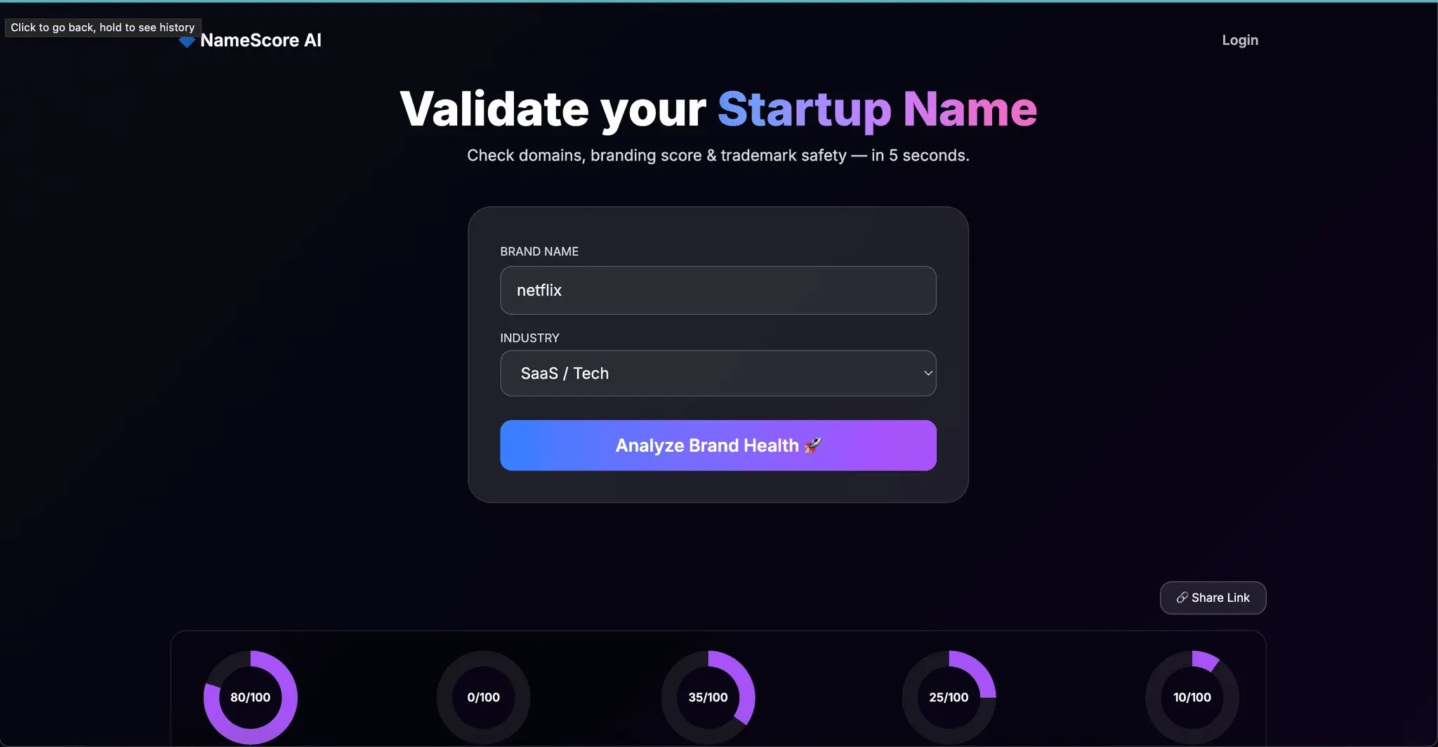 Screenshot 1 of NameScore AI – Validate your Startup Nam