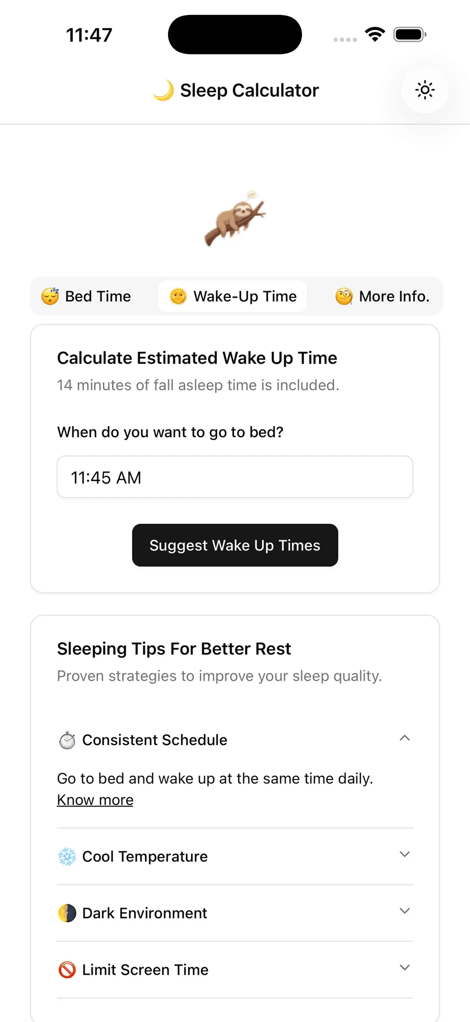 Screenshot 1 of Sleep Calculator - Sloth