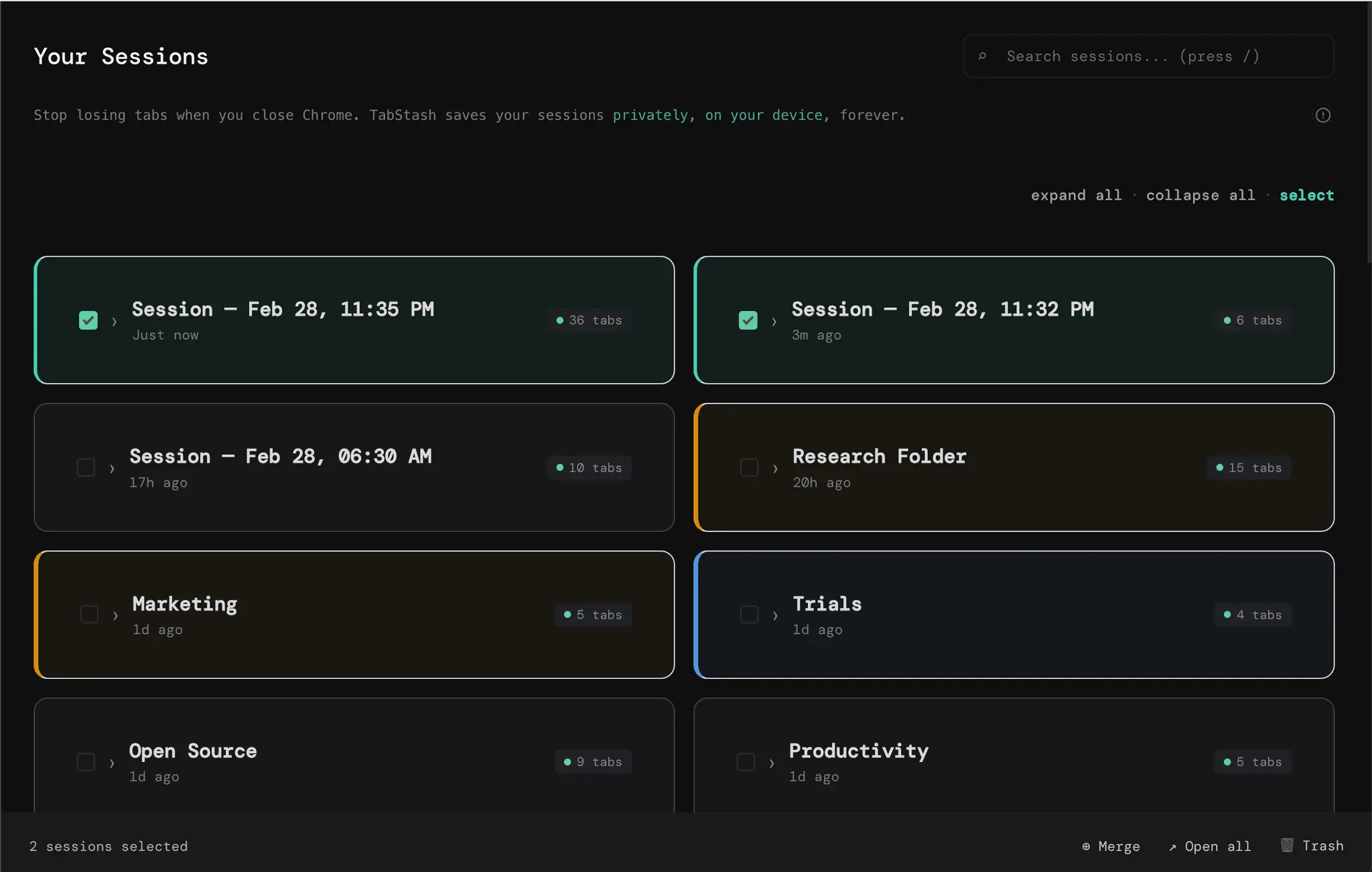 Screenshot 1 of TabStash - FREE Tab manager for Chrome
