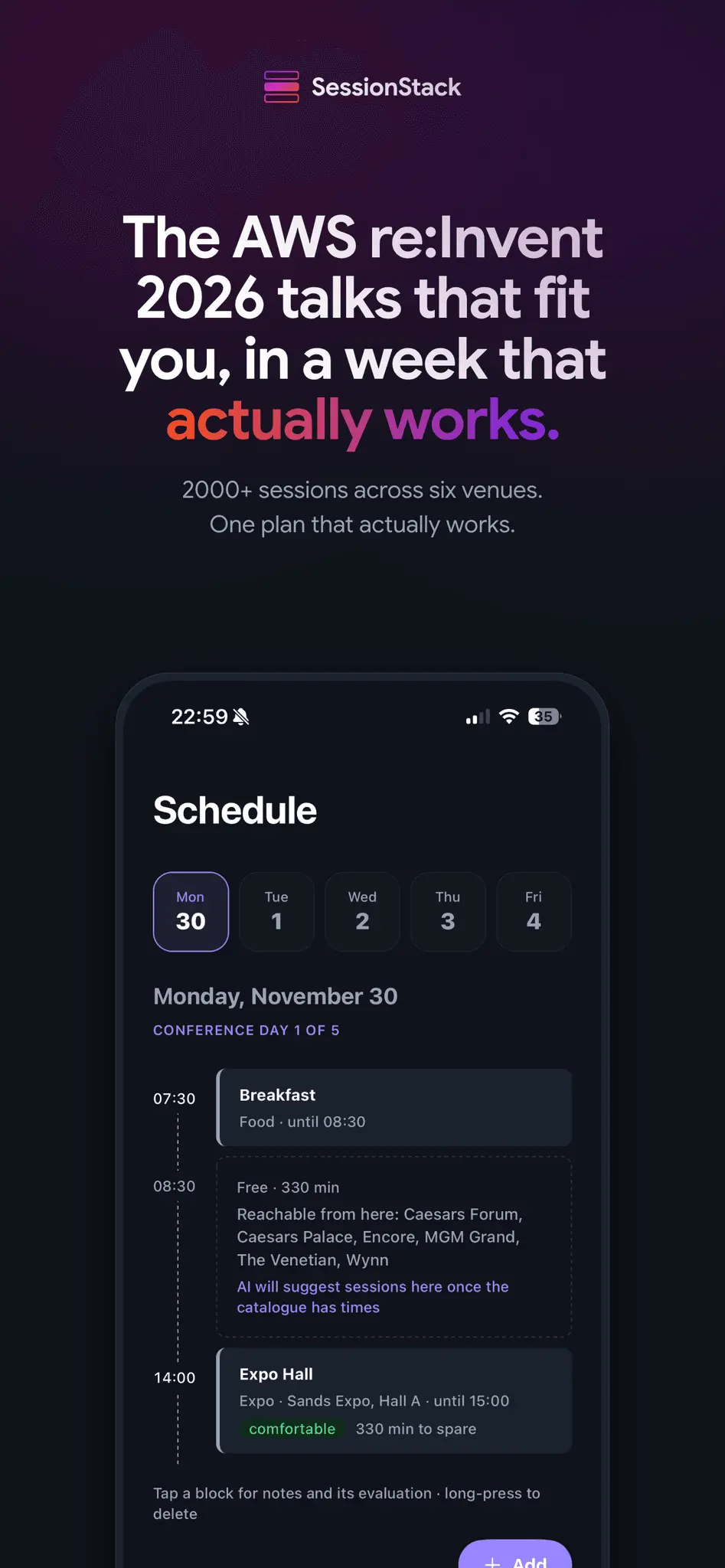 Screenshot 1 of SessionStack - AWS re:Invent Planner