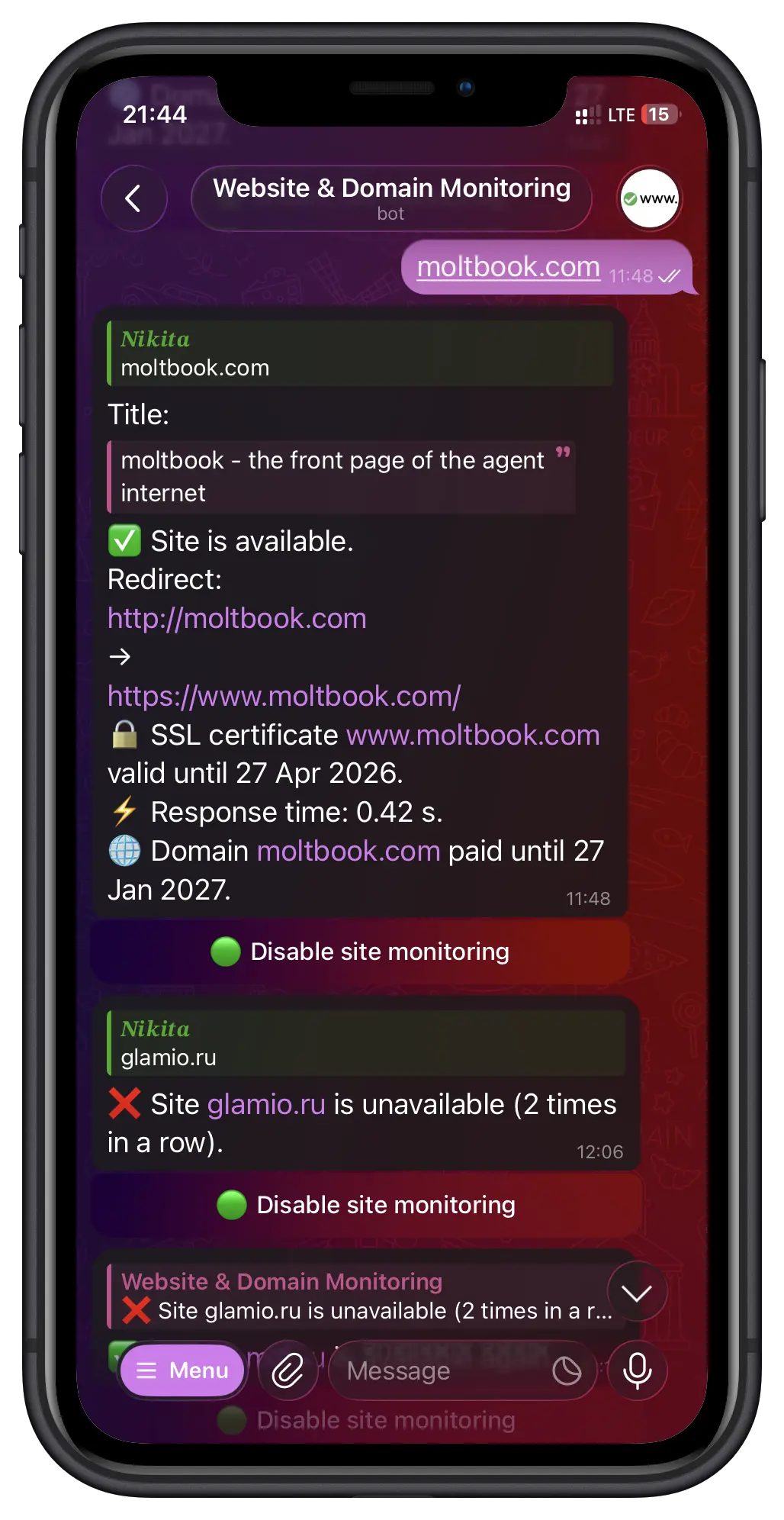 Screenshot 1 of Website & Domain Monitoring in Telegram