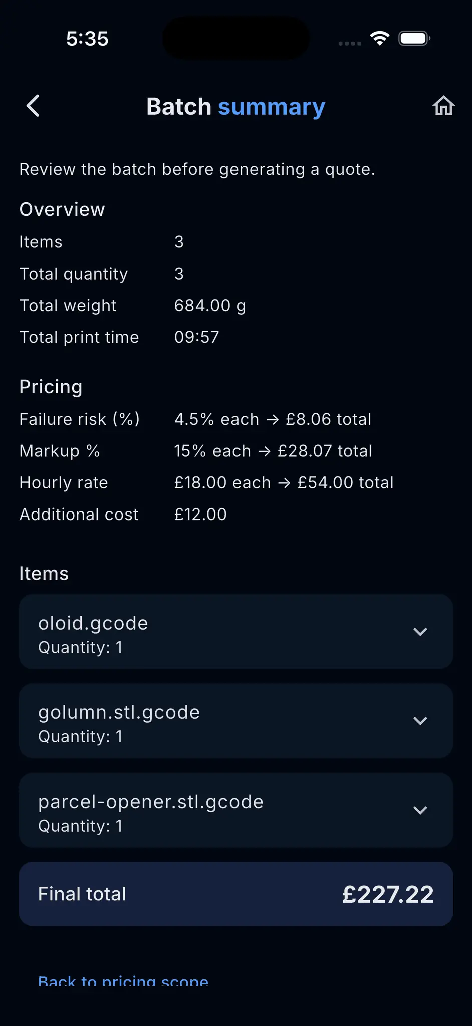 Screenshot 1 of 3D Print Cost Calculator