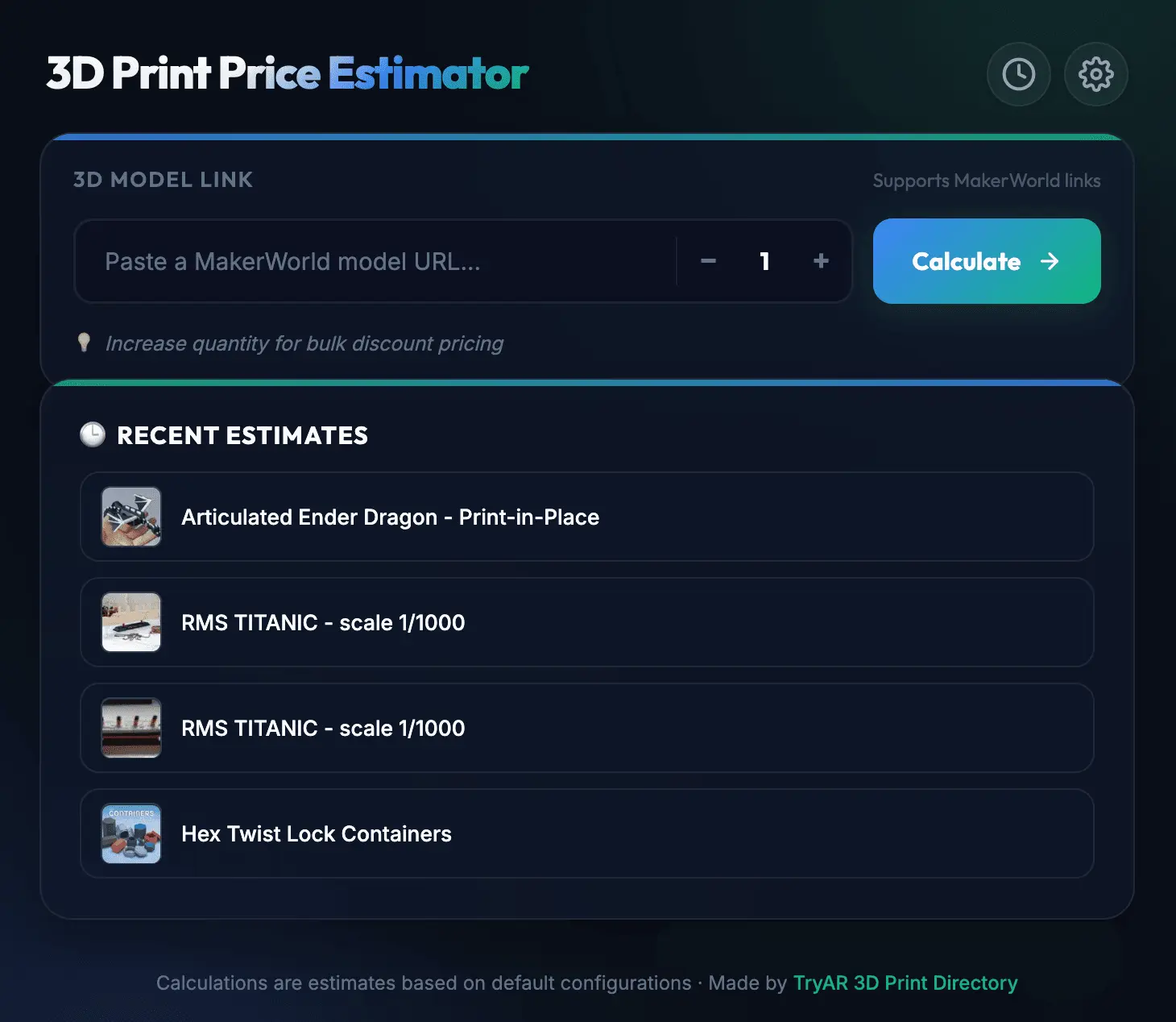 Screenshot 1 of 3D Print Price Estimator