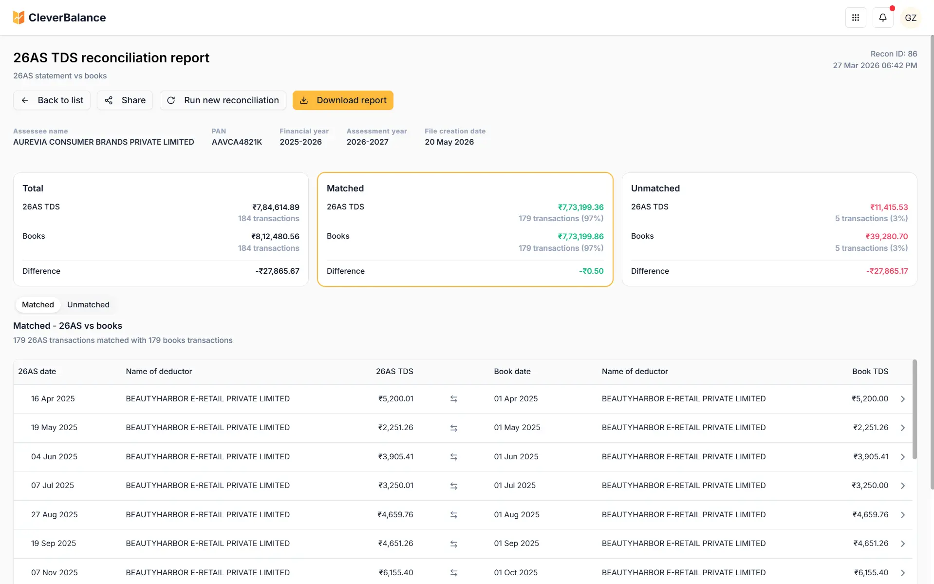 Screenshot 1 of CleverBalance — 26AS TDS Reconciliation
