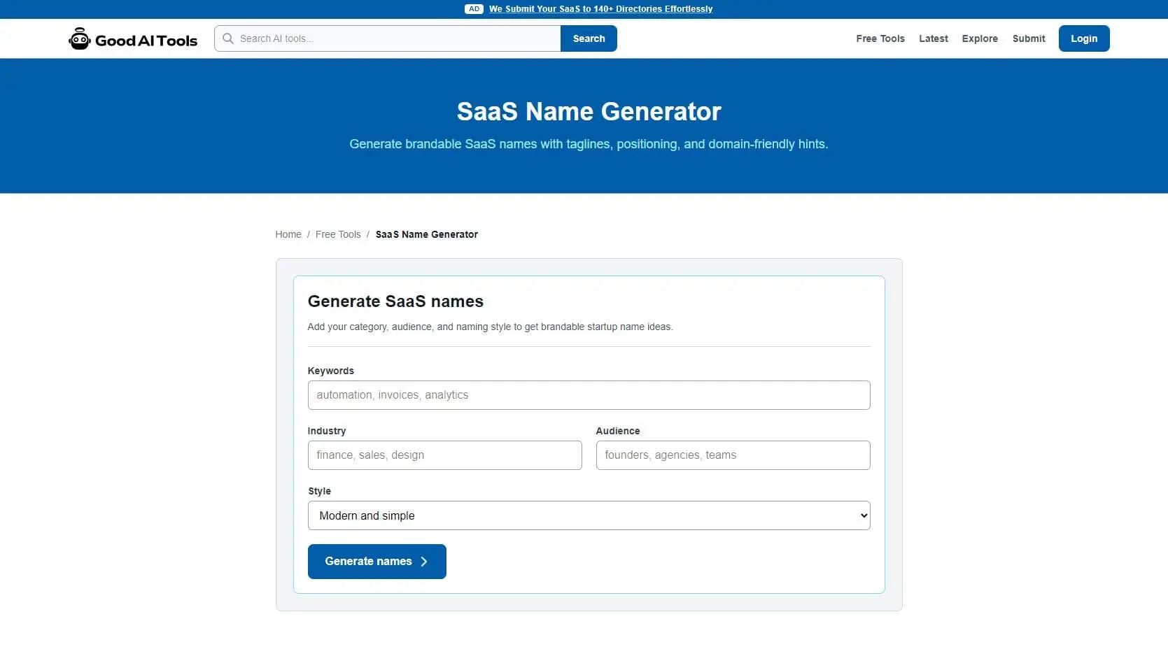 Screenshot 1 of SaaS Name Generator