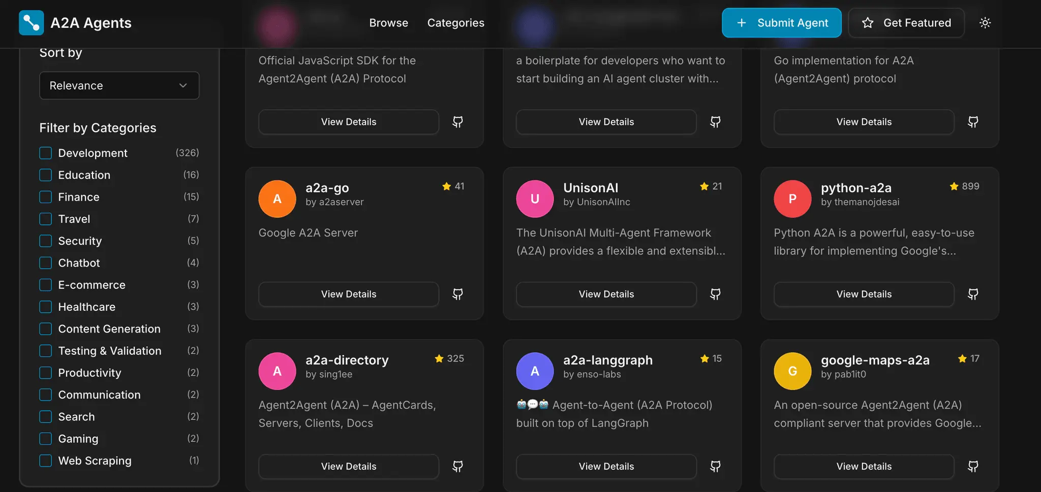 Screenshot 1 of A2A Agents Directory