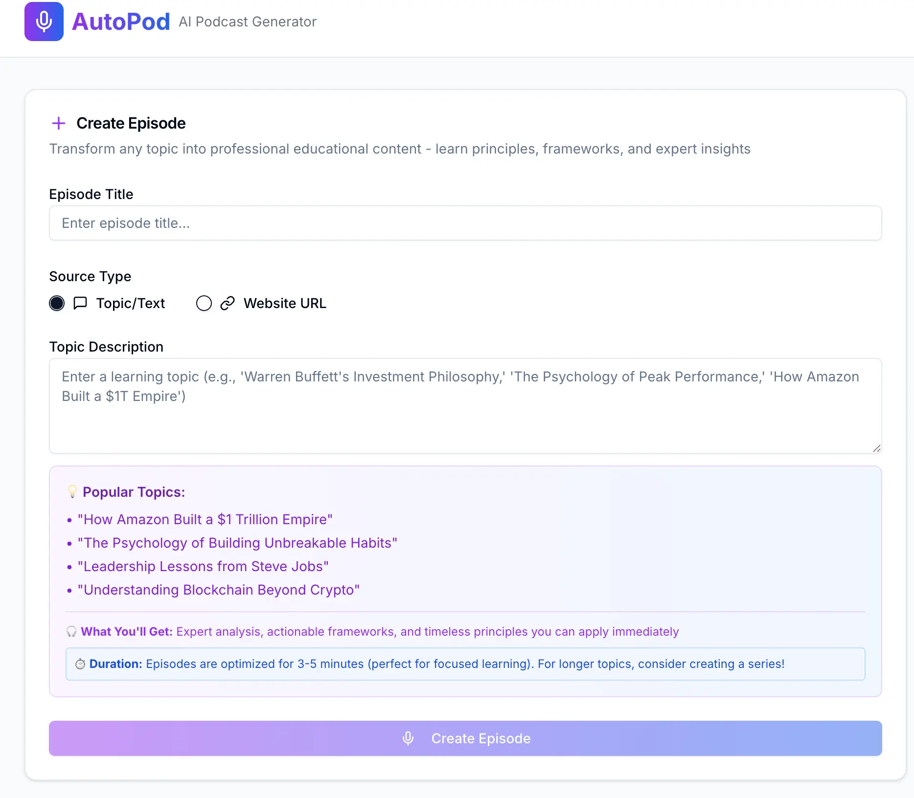 Screenshot 1 of AutoPod - AI Podcast Generator