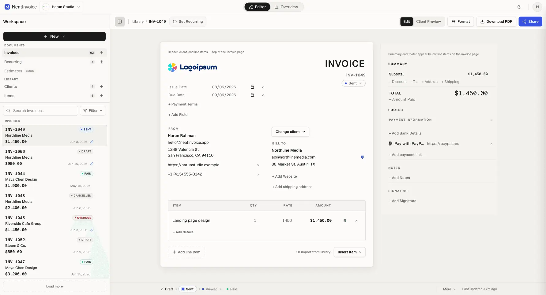 Screenshot 1 of NeatInvoice - Freelancer Invoicing App