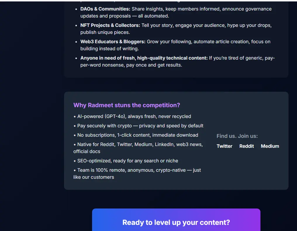 Screenshot 1 of Radmeet | AI Web3 & Dev Blog Generator